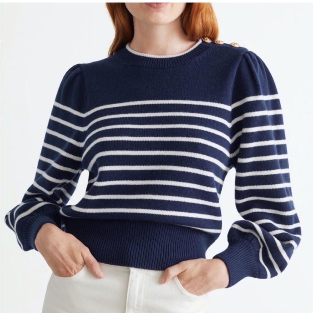 &other stories navy and white striped sailing crewneck with gold buttons